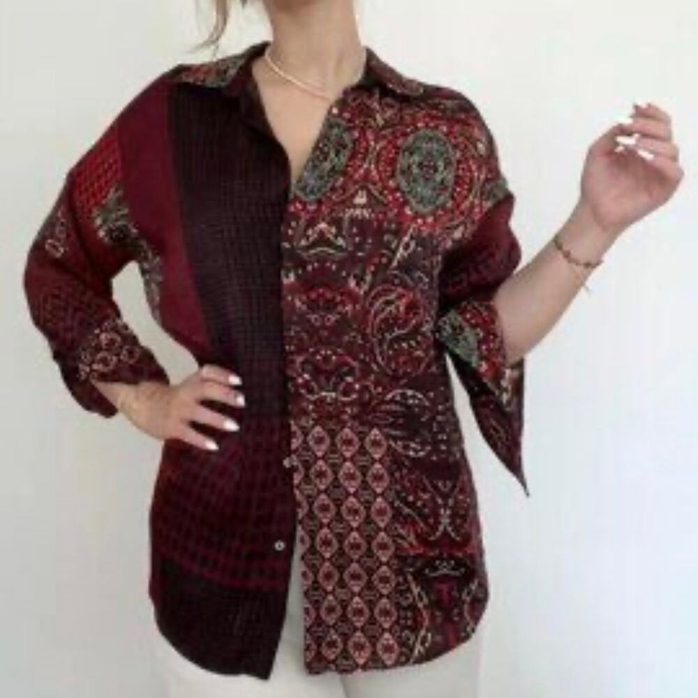 Zara SZ S Red Green Holiday Blouse Button Down Top - Picture 2 of 7
